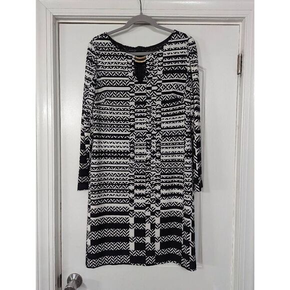 Joseph Ribkoff Shift Dress size 12 black white gold hardware long sleeve - Picture 1 of 6